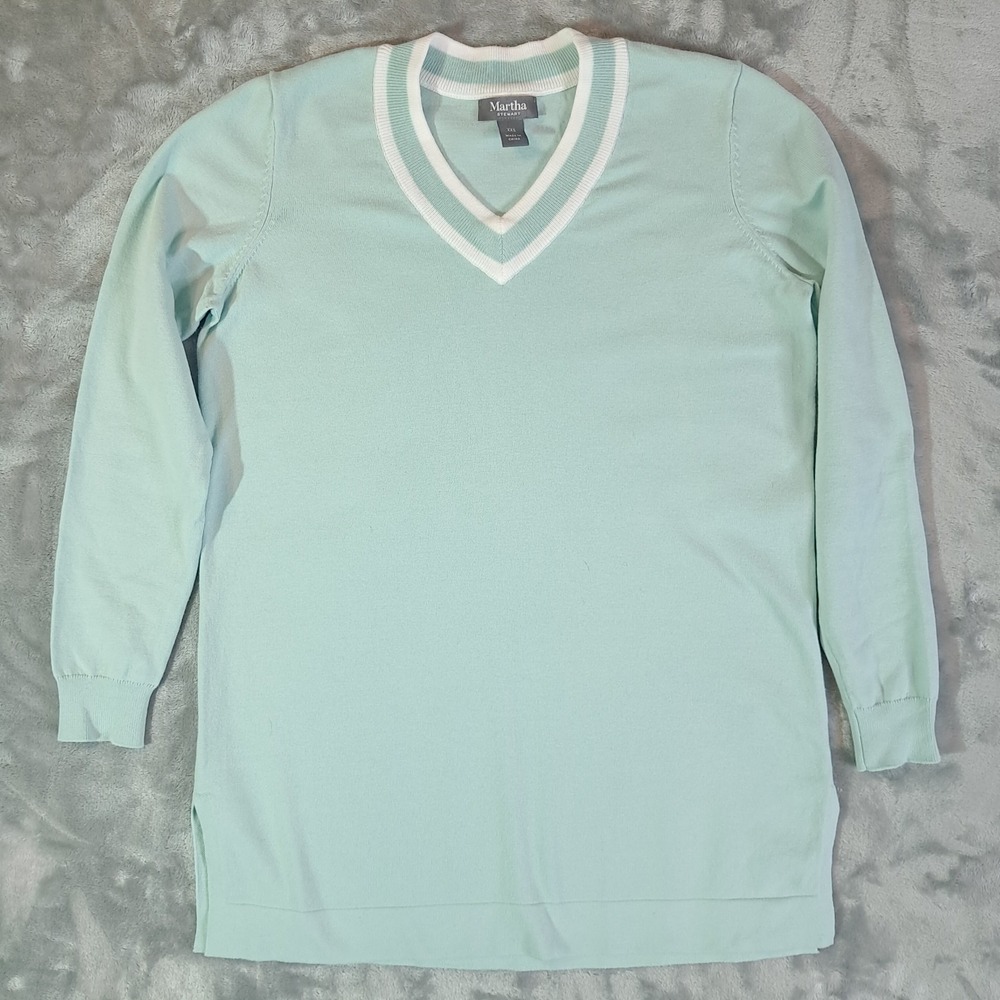 Martha Stewart V-Neck Stripe Pullover Sweater Womens size XXS Light Teal Tennis